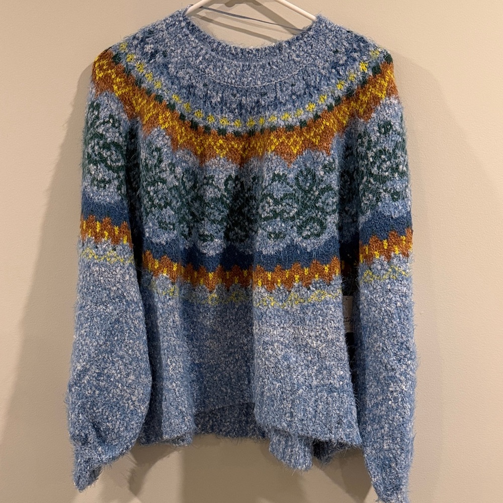Free People Ice Blue Combo Textured Knit Sweater, Size S (NWT)